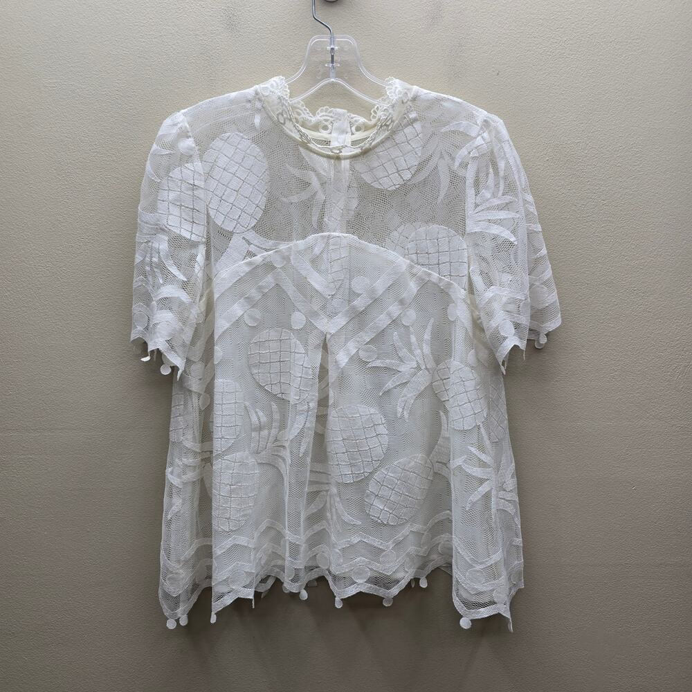 Anthropologie HD in Paris Pineapple Lace Short Sleeve Blouse Top Ivory Size 10